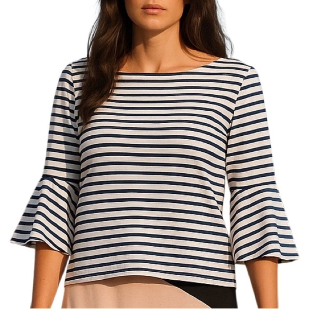 Green Envelope Navy and White Striped Bell Sleeve Top